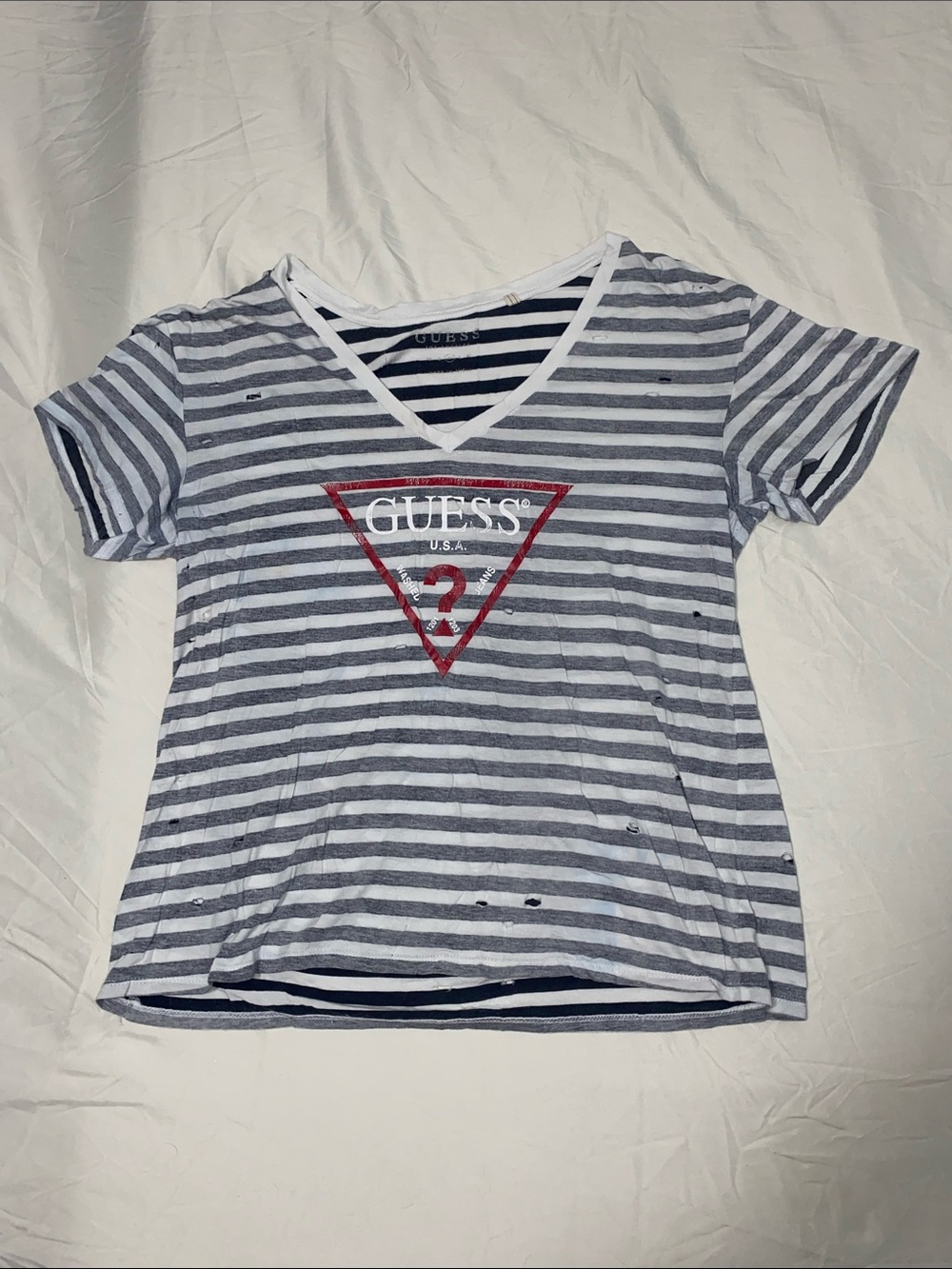 Guess Striped V-Neck Tee in White, Gray with Red Logo